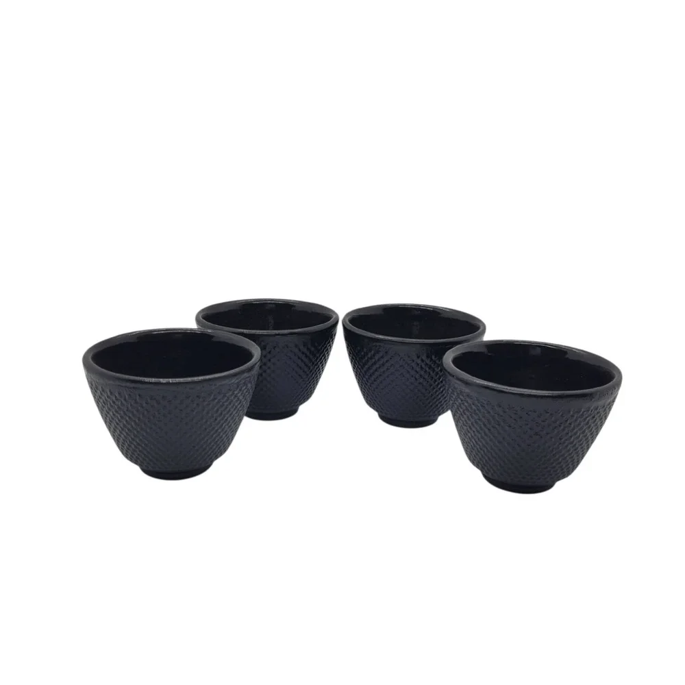 Set of 4 Cast Iron Tea Cups Black Hobnail Japanese Style Enamel Lined Arare 2in